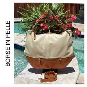 Borse In Pelle Made in Italy Caramel & Cream Leather Satchel/Shoulder/Xbody.NWOT